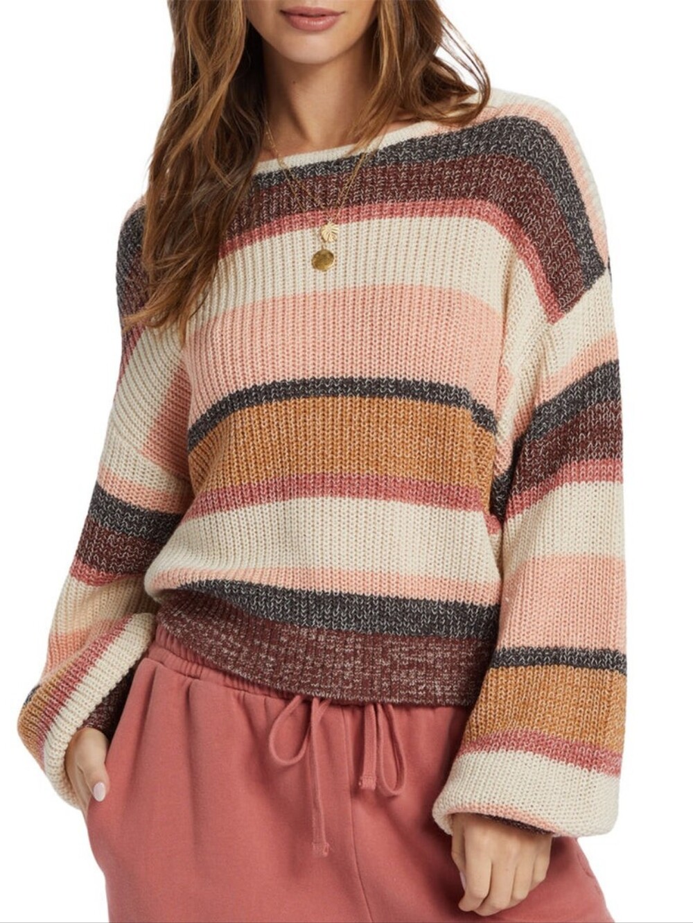 Billabong Light Wave Striped Scoop Neck Sweater in Chocolate Chip Size Medium